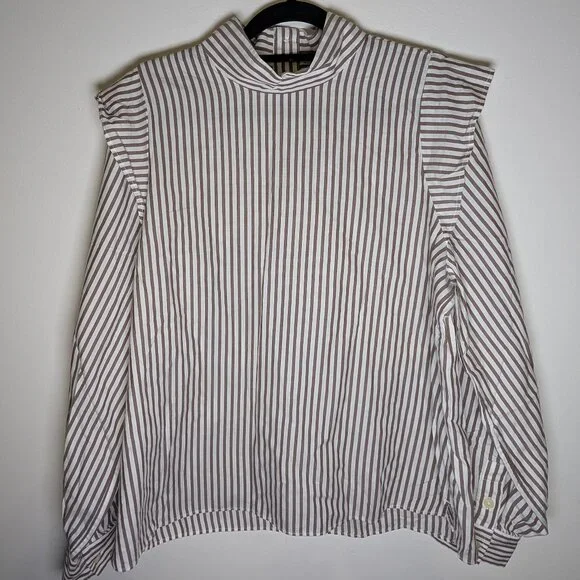 Everlane Shirt Women 8 NWT Brown And White The Wing Shoulder Mockneck Silky - Picture 2 of 5